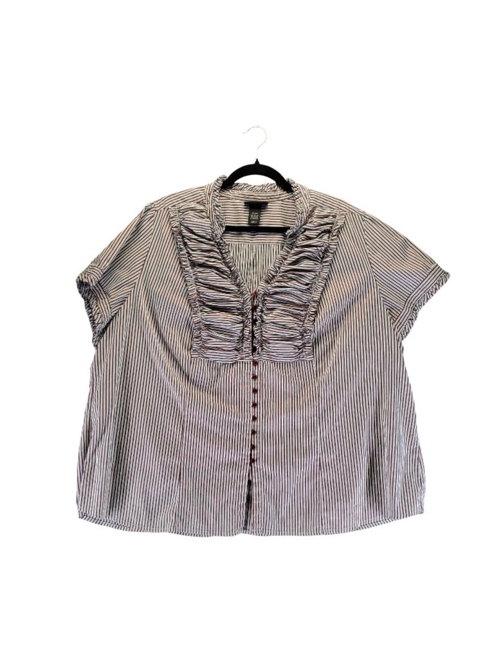 Lane Bryant Top Womens 26/28 White & Red Stripe Short Sleeve Ruched Button-Down